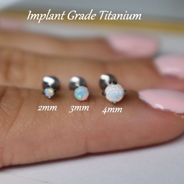 IMPLANT GRADE TITANIUM Internally Threaded 2mm 3mm 4mm White Opal Stone Screw On Flat Back 6mm 8mm Labret Tragus Cartilage Piercing Ear Stud