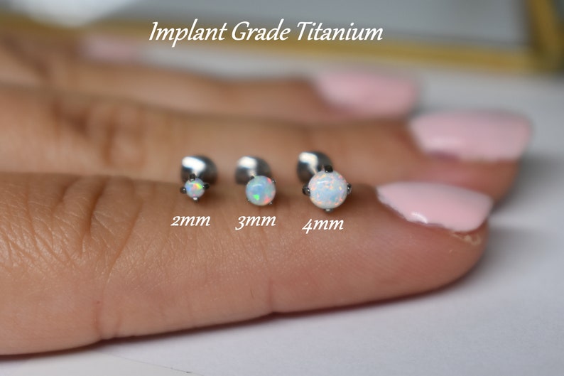 IMPLANT GRADE TITANIUM Internally Threaded 2mm 3mm 4mm White Opal Stone Screw On Flat Back 6mm 8mm Labret Tragus Cartilage Piercing Ear Stud 