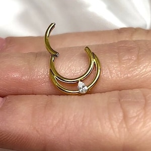 Implant Grade Titanium Gold PVD Double White CZ Gem Hinged Septum Daith Clicker Hoop