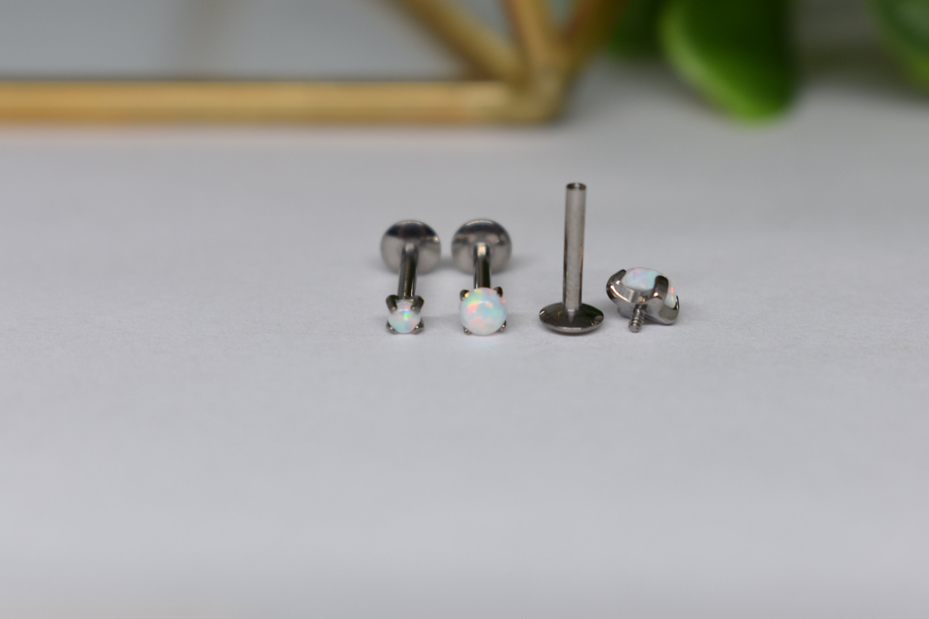 Opal Ear Piercing Stud 16g Titanium Flat Back Labret Green Internally Threaded Body Jewelry Earring 4mm 16g 5/16 / Gold