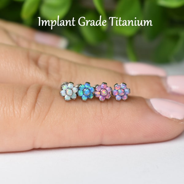 16ga IMPLANT GRADE TITANIUM 5/16" (8mm) Internally Threaded Flower White Blue Pink Purple Opal Labret Tragus Cartilage Piercing Ear Stud