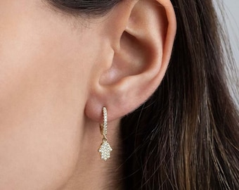 Gold 925 Sterling Silver Hamsa Hand Hoop Earrings  - Hinged Minimal Dainty Clicker Hoop Earrings with Hamsa Hand Dangle - Gold Hoop Earrings