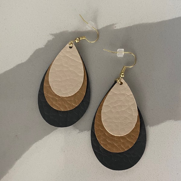 Gray Tan Beige Neutral Triple Teardrop Faux Leather Earrings