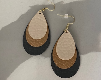 Gray Tan Beige Neutral Triple Teardrop Faux Leather Earrings