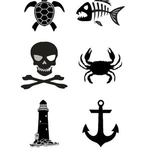May include: Black and white silhouette illustrations of a sea turtle, fish skeleton, skull and crossbones, crab, lighthouse, and anchor. These nautical themed images are perfect for crafting, scrapbooking, or decorating.