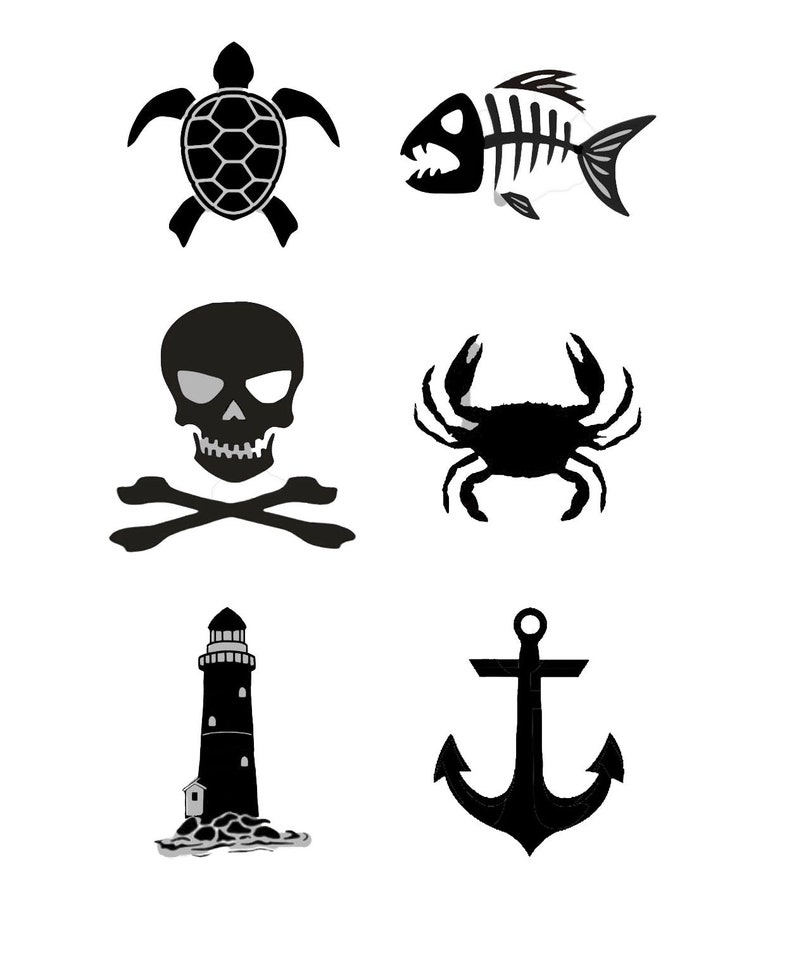 May include: Black and white silhouette illustrations of a sea turtle, fish skeleton, skull and crossbones, crab, lighthouse, and anchor. These nautical themed images are perfect for crafting, scrapbooking, or decorating.