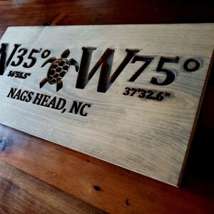 May include: A wooden sign with the coordinates N35&deg; 56'55.5" W75&deg; 37'32.6" and the text "NAGS HEAD, NC" carved into it. The sign also features a carved sea turtle.