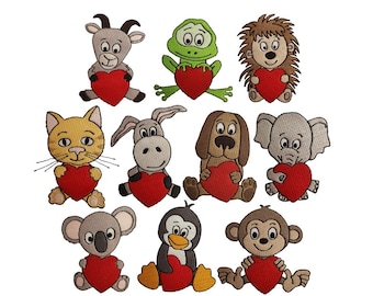 Animal Valentines set of 10 animals holding hearts Filled stitch Machine embroidery designs
