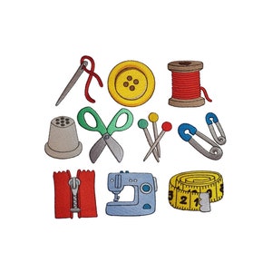 May include: A collection of sewing supplies including a sewing machine, scissors, thread, buttons, needles, a thimble, a zipper, and a measuring tape.
