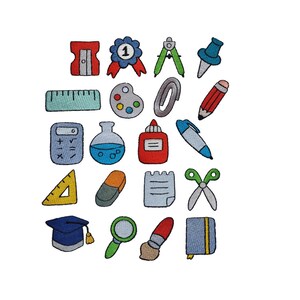 May include: A collection of embroidered school supplies including a pencil sharpener, award ribbon, compass, push pin, ruler, paint palette, paper clip, pencil, calculator, flask, glue, pen, triangle, eraser, notepad, scissors, graduation cap, magnifying glass, paintbrush, and notebook.