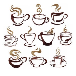 Peut inclure: Illustrations de tasses à café stylisées en marron et blanc. Chaque tasse présente un design unique, avec de la vapeur qui s'élève du dessus. Les tasses sont posées sur un fond blanc uni.