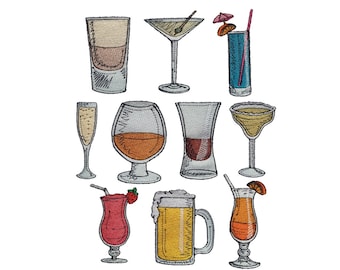 Happy Hour set of 10 filled stitch machine embroidery designs/Drinks/Cocktails