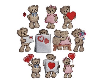 Teddy Love set of 10 filled stitch machine embroidery designs/Teddy Bears