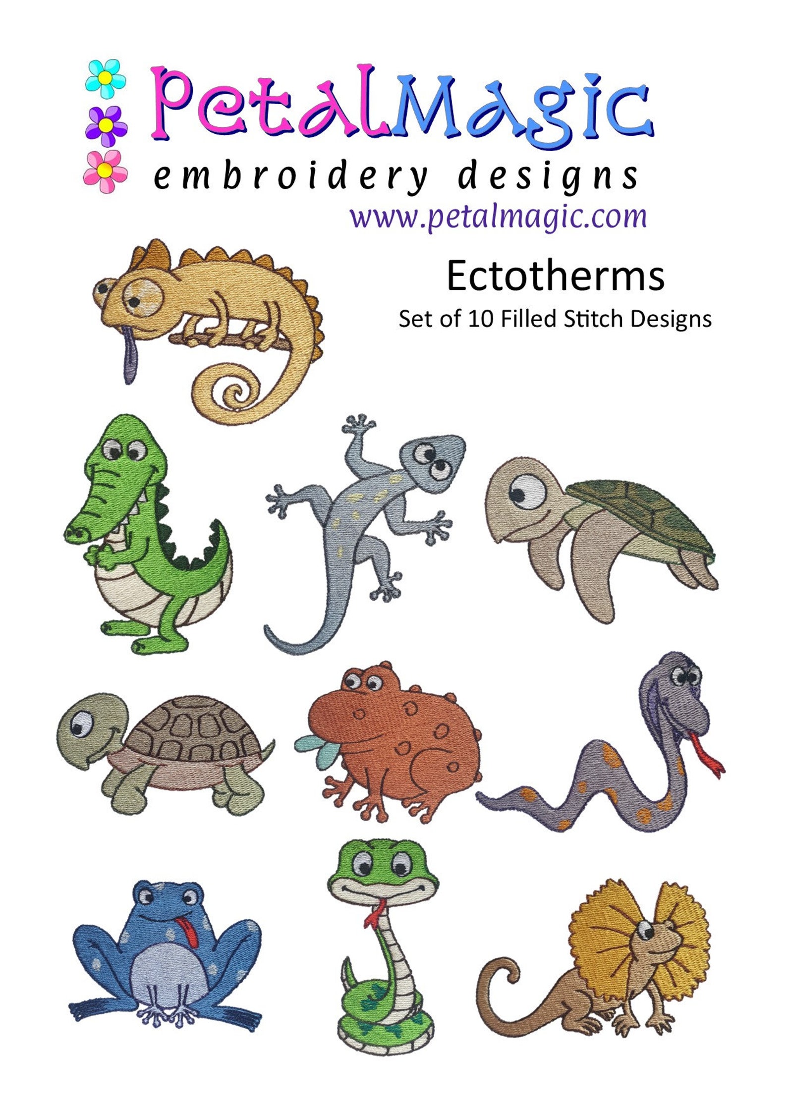 Ectotherms Set of 10 Filled Stitch Machine Embroidery Designs/reptiles