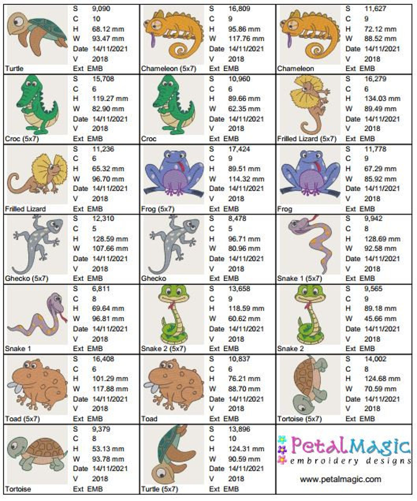 Ectotherms Set of 10 Filled Stitch Machine Embroidery Designs/reptiles