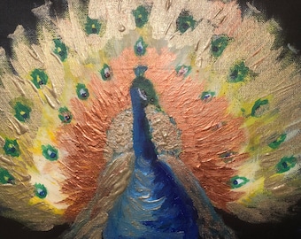 Abstract Peacock Painting – Copper, Gold, and Blue Acrylic Art