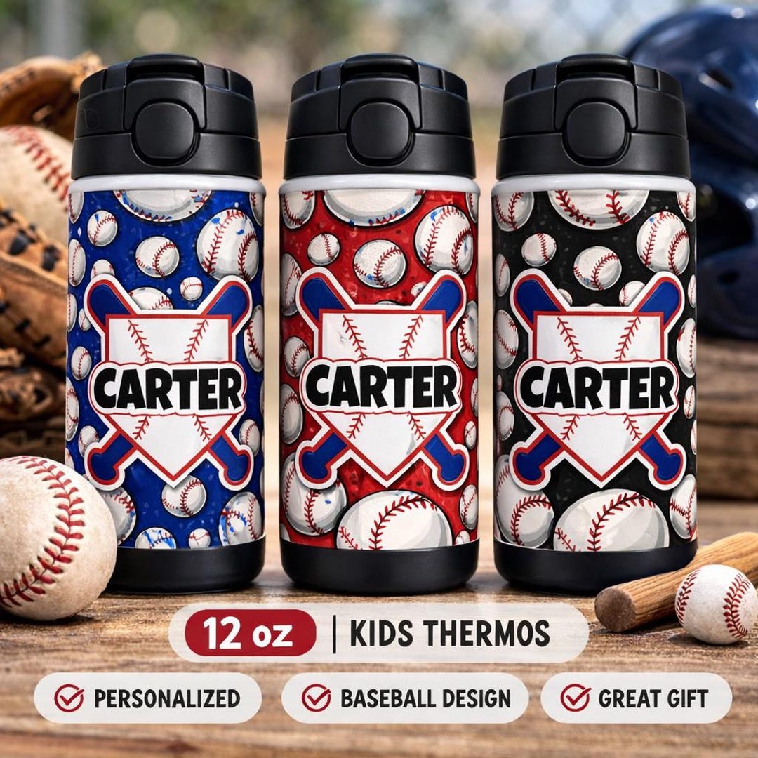 Personalized Baseball Kids Water Bottle | Custom Name Thermos |boys ...