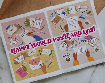 May include: A rectangular postcard featuring a grid of four illustrated scenes depicting people writing and mailing letters, with the text "HAPPY WORLD POSTCARD DAY!" printed in bold pink letters across the center of the card design.