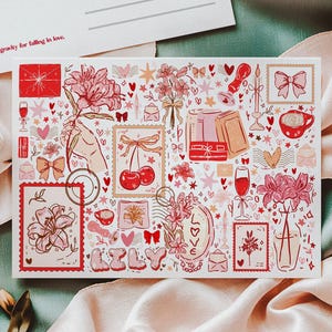 May include: Two postcards with floral illustrations and the text "Lily Design" in red script. One postcard has a patterned border and the other features a collage of drawings. The background is a mix of satin fabric in shades of peach and teal, with peach flowers.