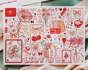 May include: Two postcards with floral illustrations and the text "Lily Design" in red script. One postcard has a patterned border and the other features a collage of drawings. The background is a mix of satin fabric in shades of peach and teal, with peach flowers.