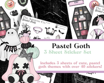 Ensemble d'autocollants pastel goths kawaii, autocollants mignons de witchy bullet journal, feuille d'autocollants décoratifs pour halloween