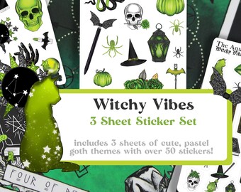 Ensemble d'autocollants verts Witchy Vibes, autocollants mignons de bullet journal d'halloween, feuille d'autocollants fantasmagoriques décoratifs