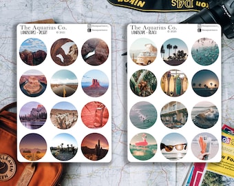 Feuille d'autocollants de bullet journal de paysage, autocollants de journal de voyage de paysage, ensemble d'autocollants esthétiques