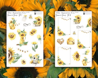 Autocollants mignons de journal de balle de tournesols et d'été, feuille d'autocollants de décor de planificateur heureux chic de tournesol d'amusement