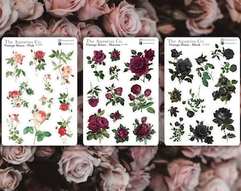 Autocollants vintage pour carnet de notes HappyPlanner Roses, feuille d'autocollants décoratifs roses