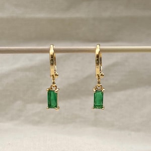 Rectangle Green Emerald Charm Huggie Hoop Dainty Earrings May Birthstone