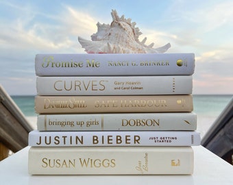 Neutral Decorative Book Stack: Beige, Ivory, & Off-White Bookshelf Decor
