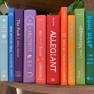 May include: A bookshelf with a rainbow of books. The books are arranged in order of color, from blue to green. The titles of the books are visible, including "She Walks in Beauty", "The Push", "The Valley of Amazement", "Along for the Ride", "Allegiant", "Someone's in the Kitchen with Dinah", "One Mississippi", and "Bone Deep".