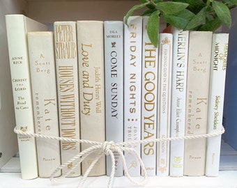 Decorative White Books Neutral Earth Tone Book shelf decor bundle of White, Beige, Cream, Ivory, Gold Foil, Off White Neutral Books Stack