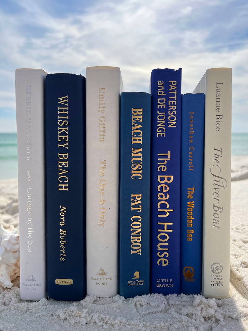 May include: A stack of ten books with blue and white covers. The books are arranged in a row on a white sandy beach. The titles of the books are visible, including "Whiskey Beach", "The Beach House", "Beach Music", and "The Silver Boat".