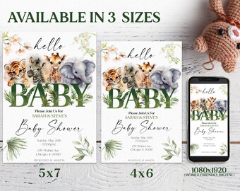 Invito per baby shower a tema safari: animali della giungla, invito modificabile (stampabile)