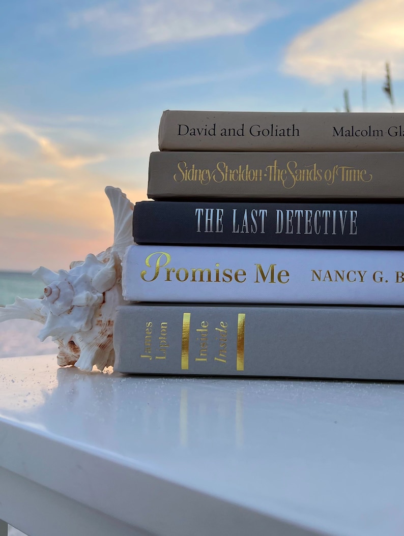 May include: A stack of five books on a white table with a seashell in the foreground. The books are titled "David and Goliath", "Sidney Sheldon - The Sands of Time", "The Last Detective", "Promise Me", and "Inside/Inside".