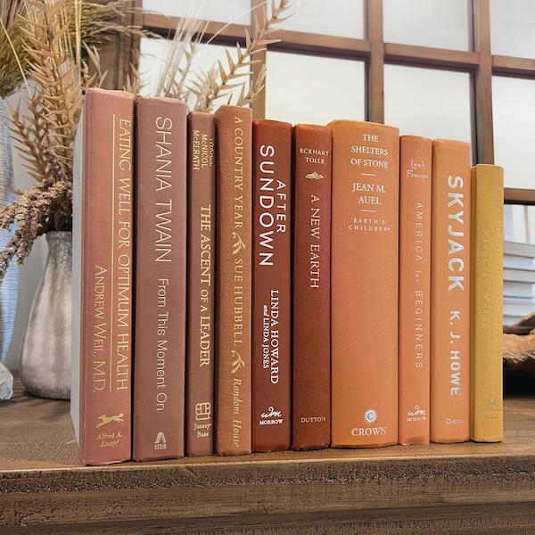 Decorative Fall Autumn Books Neutral Tone Book shelf decor bundle of Terracotta, Orange, Yellow, Burgundy, Burnt Orange, Mauve Books Stack