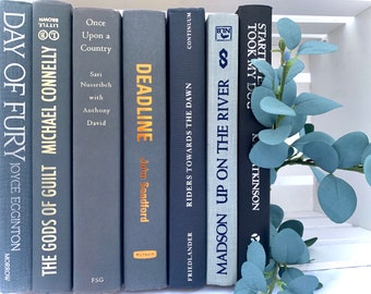Decorative books , Bundle of Blue Gray, Steal blue , Slate books, Light Pale Blue, White, Cool Neutral grey Decor Book stack by color