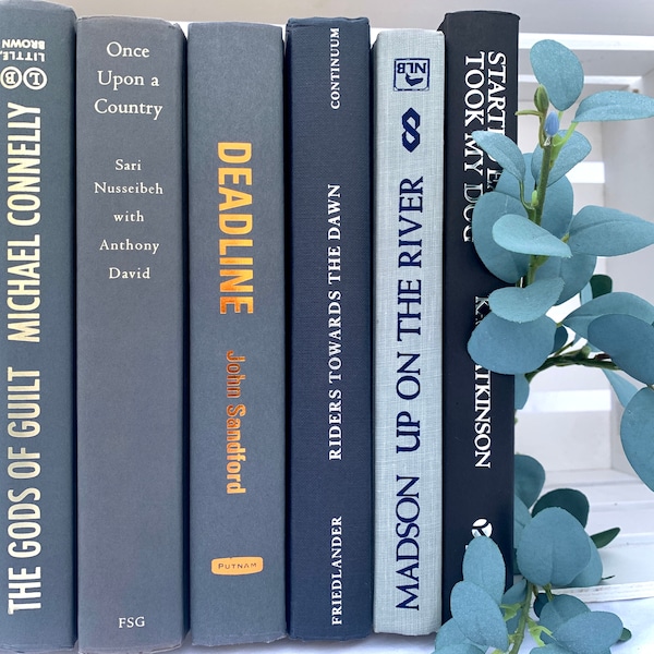 Decorative books , Bundle of Blue Gray, Steal blue , Slate books, Light Pale Blue, White, Cool Neutral grey Decor Book stack by color