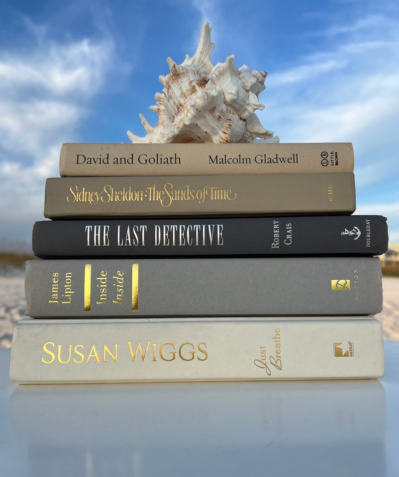 May include: A stack of five hardcover books with gold lettering on the spines. The books are arranged from top to bottom: David and Goliath, Sidney Sheldon - The Sands of Time, The Last Detective, Inside, and Susan Wiggs - Just Breathe.