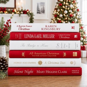 May include: A stack of six hardcover books with alternating red and white spines. Titles include A Baxter Family Christmas, A Snow Country Christmas, The Bridge to Home, All American Christmas, A Christmas Duet, and Silent Night by various authors.