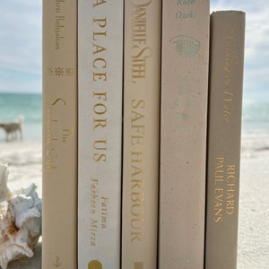 Decorative Books Sandy beige Earth Tone neutral Book shelf decor bundle of tan, Cream, Ivory, Gold Foil, Off White beach house Books Stack