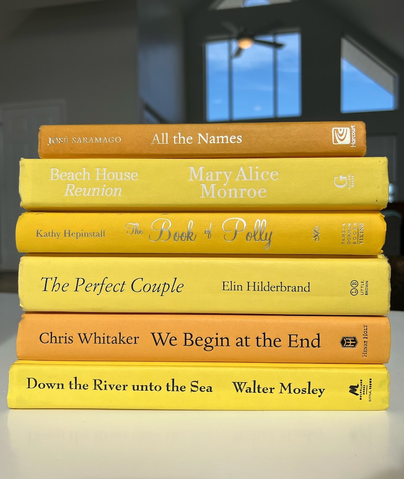 May include: A stack of yellow and orange paperback books with white text titles. The titles include "All the Names", "Beach House Reunion", "The Book of Polly", "The Perfect Couple", "We Begin at the End", and "Down the River unto the Sea".