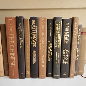 May include: A collection of 14 hardcover books with brown, black, and tan covers. The books are arranged vertically in a row on a white surface. The titles of the books are visible, including "The Chinese", "Math Magic", "Father Melancholy's Daughter", "The Voyage of the Armada", "Desert Between the Mountains", "The Second Messiah", "Blessings", and "An Indecent Obsession".