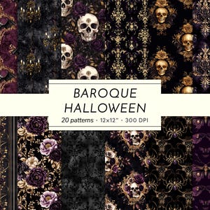 May include: A collection of digitally created Halloween-themed patterns. The designs feature skulls, roses, chandeliers, and baroque elements in shades of black, purple, and gold. The text reads "BAROQUE HALLOWEEN" with details about the patterns.