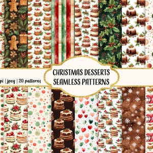 Watercolor Christmas Desserts, Printable Scrapbook Paper, Seamless Patterns, Christmas Cakes, Commercial use