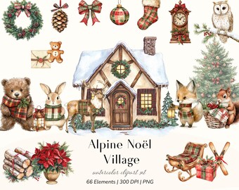 Alpine Noël Village Watercolor Clipart | Christmas Winter Holiday PNG