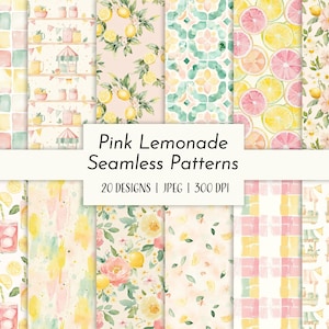 Modèles sans couture de limonade rose - Arrière-plans d'été aquarelle avec citrons, fleurs, boissons et textures de pique-nique - Paquet de papier numérique