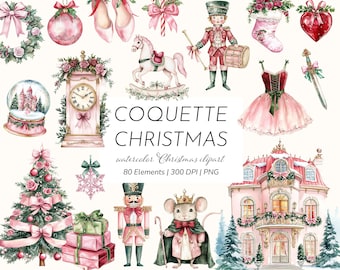 May include: A collection of watercolour Christmas illustrations. Includes a pink Christmas tree, baubles, a snow globe, a clock, a nutcracker, a mouse king, and a pink dress. The text "COQUETTE CHRISTMAS" is displayed.