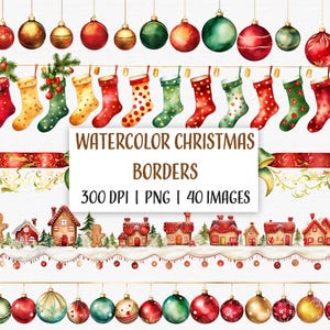 Op de afbeelding: Waterverf kerst borders met rode, groene en gouden ornamenten, kousen en peperkoekhuisjes. 300 DPI | PNG | 40 afbeeldingen.